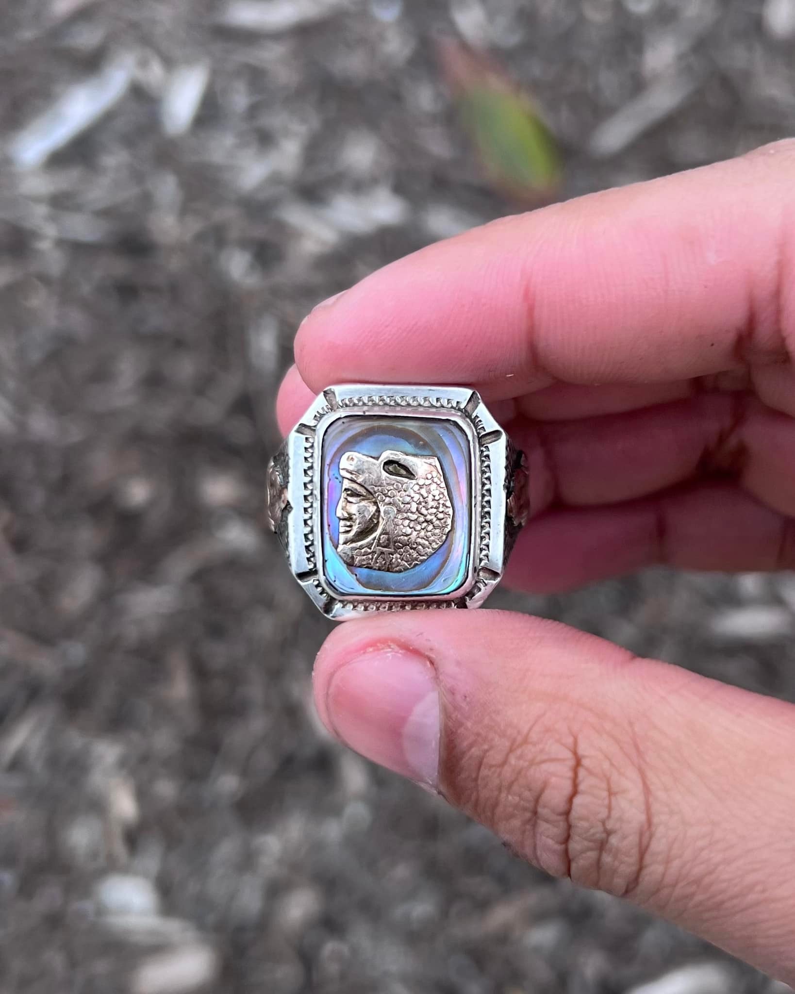 Vintage Mexican sterling silver Aztec bear warrior ring