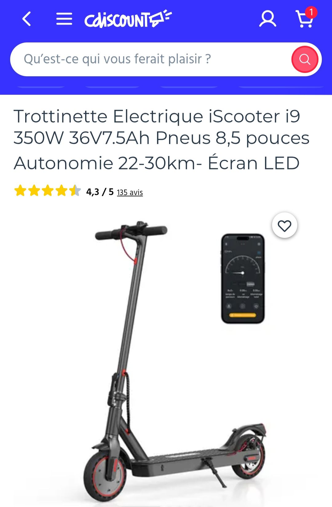 Trottinette électrique Pliable IScooter I9 - 350W, 30 Km/h, Pneus 8,5" - Pour Adultes