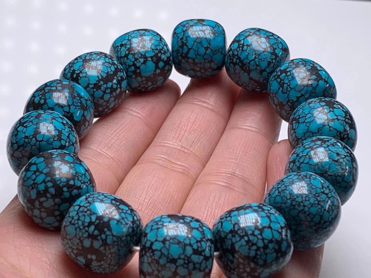 原矿高瓷精品乌蓝花老型手串，尺寸15×14mm，重63.7克，瓷釉级