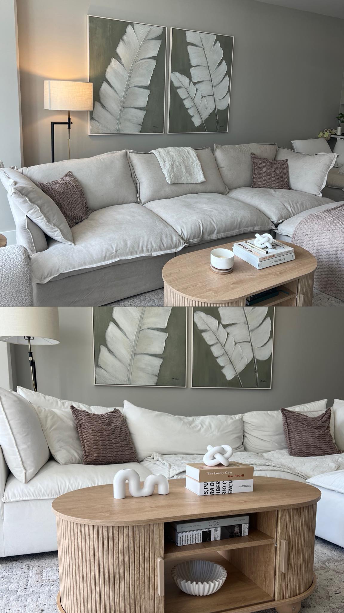 Which color couch looks better, beige or white?