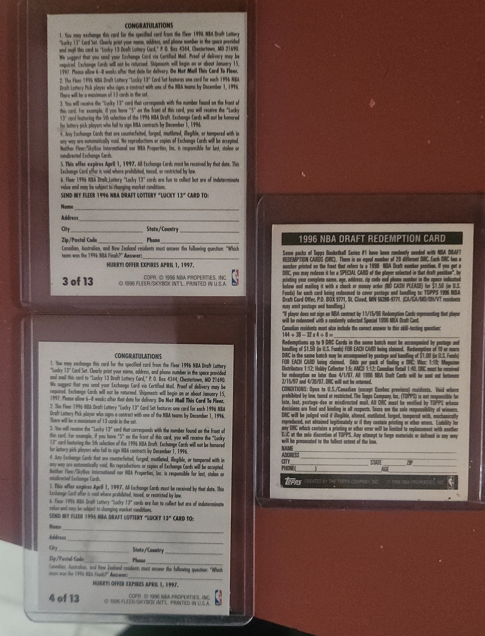 Can expired NBA draft redemption cards from 1996 be submitted?