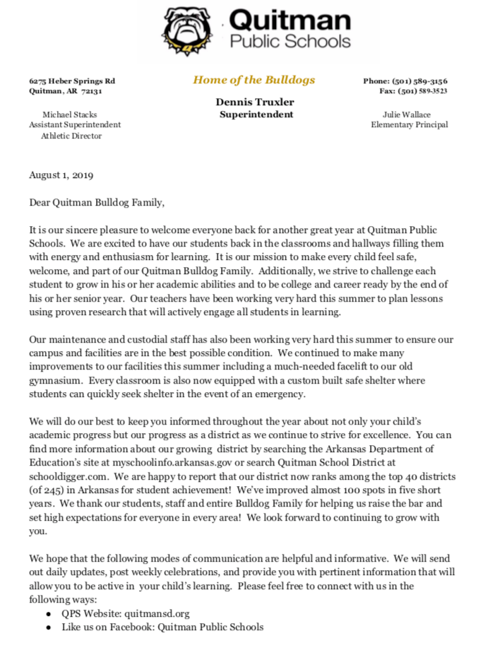 Welcome Back To School Letter