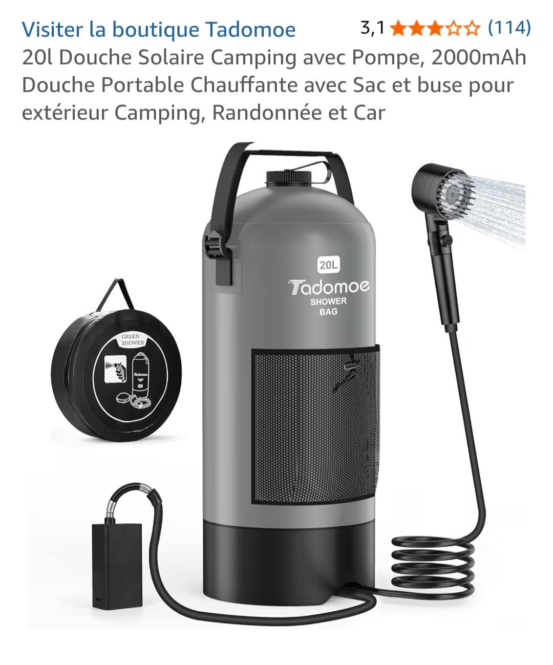 Tadomoe Douche Solaire Camping 20L – Pompe à Pied, Chauffage Solaire, Portable, Pour Extérieur Et Voyages
