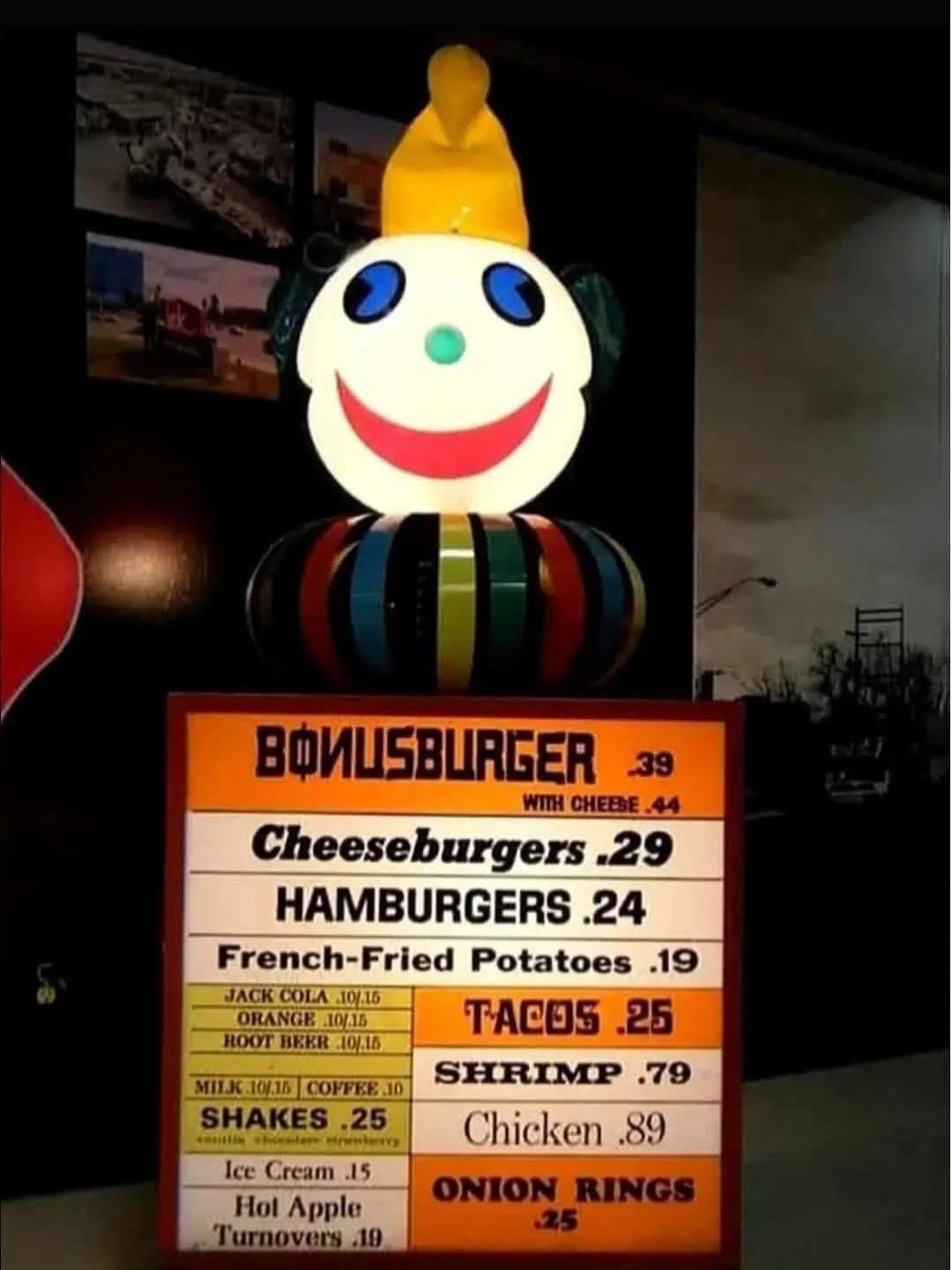 Jack In The Box menu in the 1970's! Three burgers, a fish sandwich