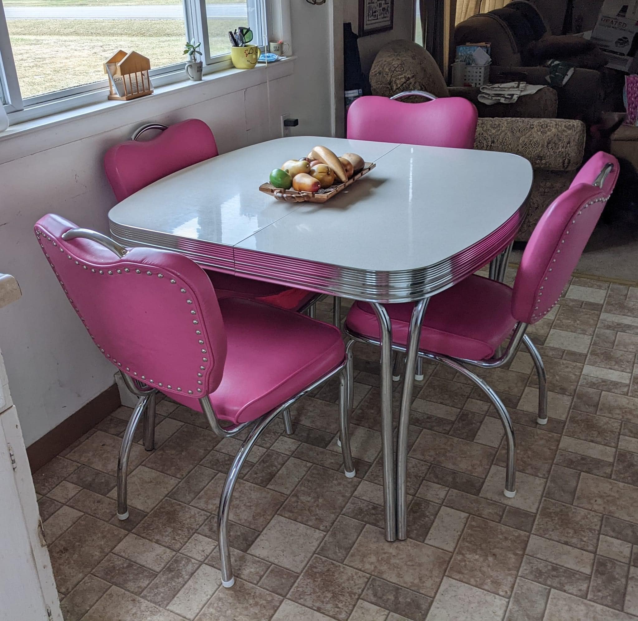 1950's chrome table and chair set with hot pink seats for farmhouse