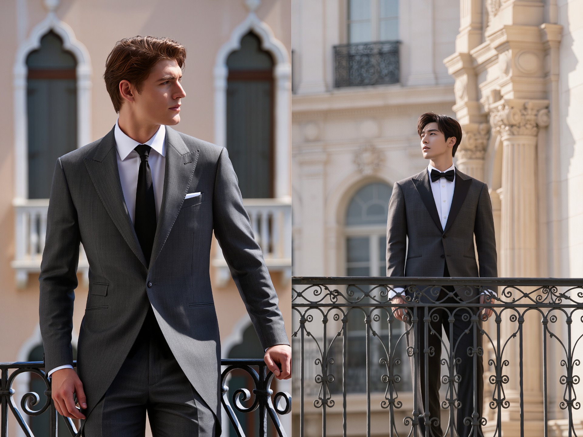 Prompt - A cinematic portrait of a handsome groom in a dark grey tuxedo ...