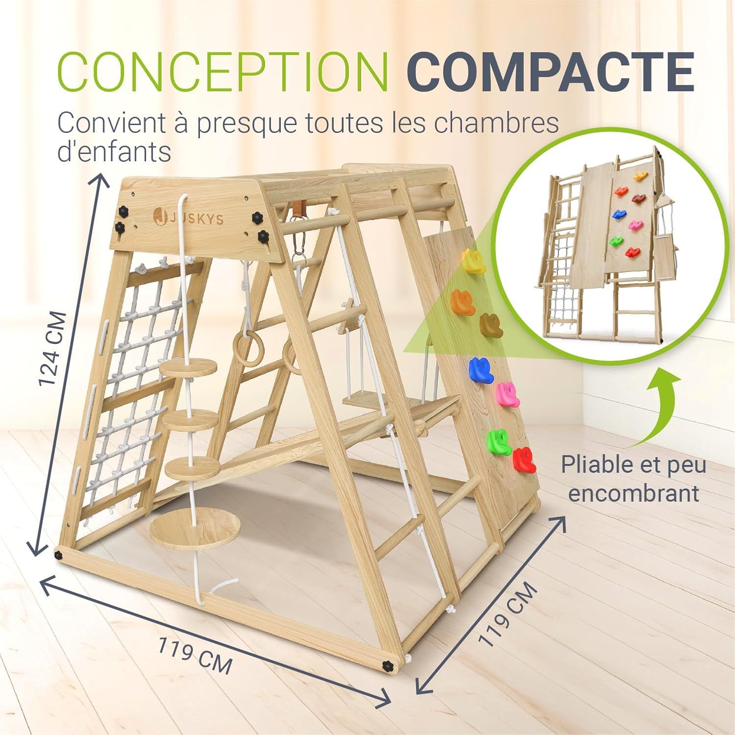 Ensemble d'escalade aire de jeux 5 en 1 avec balançoire, mur d'escalade, filet à grimper, échelle horizontale, jouets d'escalade pour enfants, 120 x 105 x 120 cm, bois naturel - Balançoire et