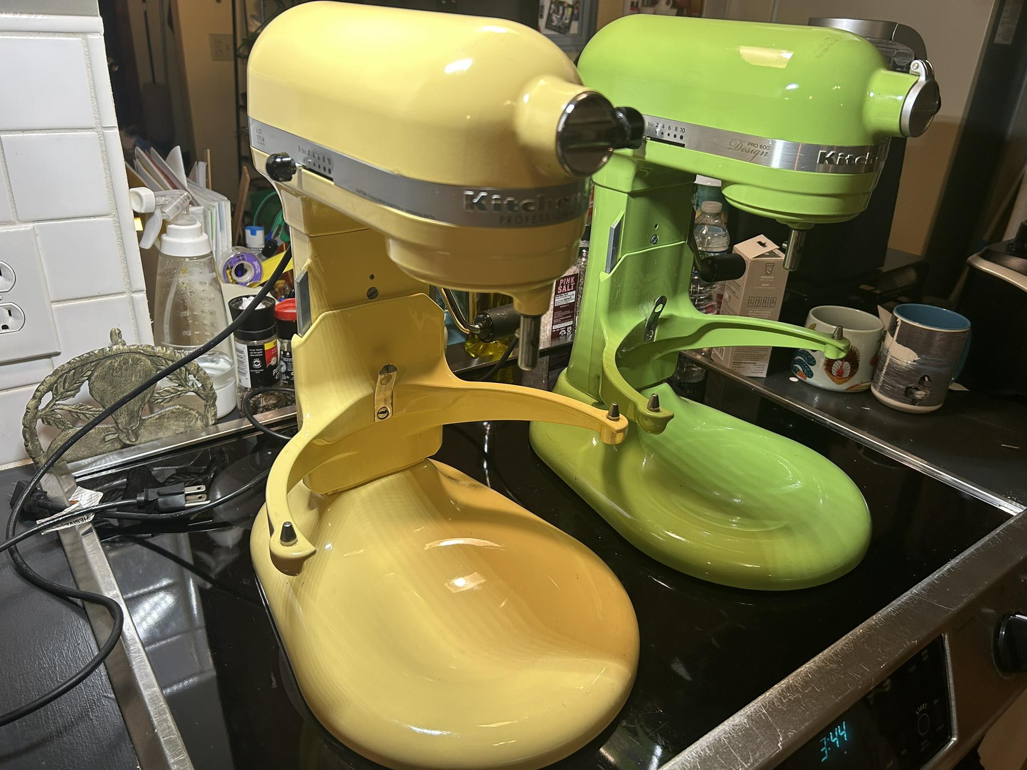 Repaired yellow and green KitchenAid Pro 600 mixers