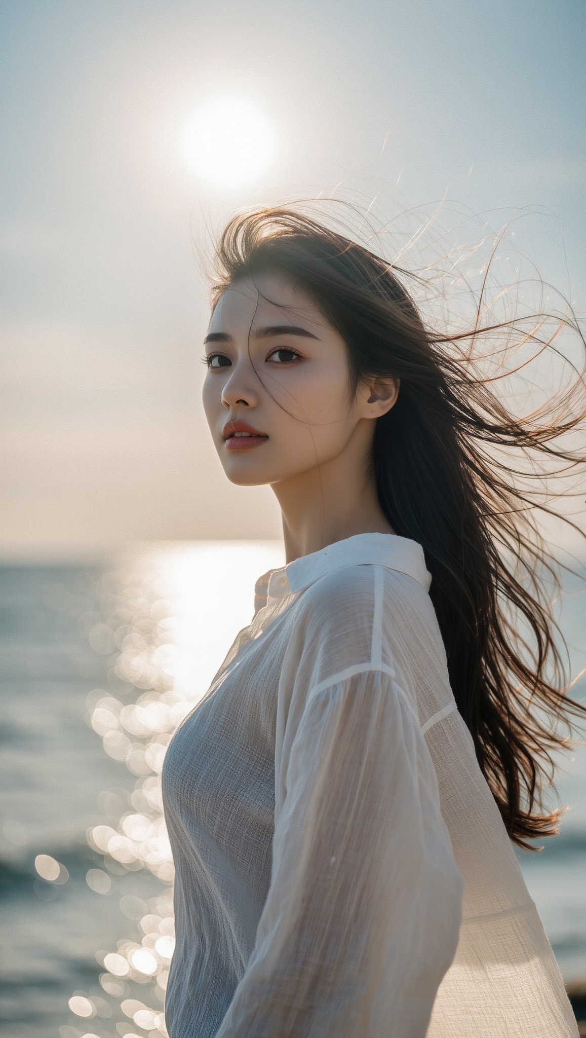Beautiful young woman by the sea