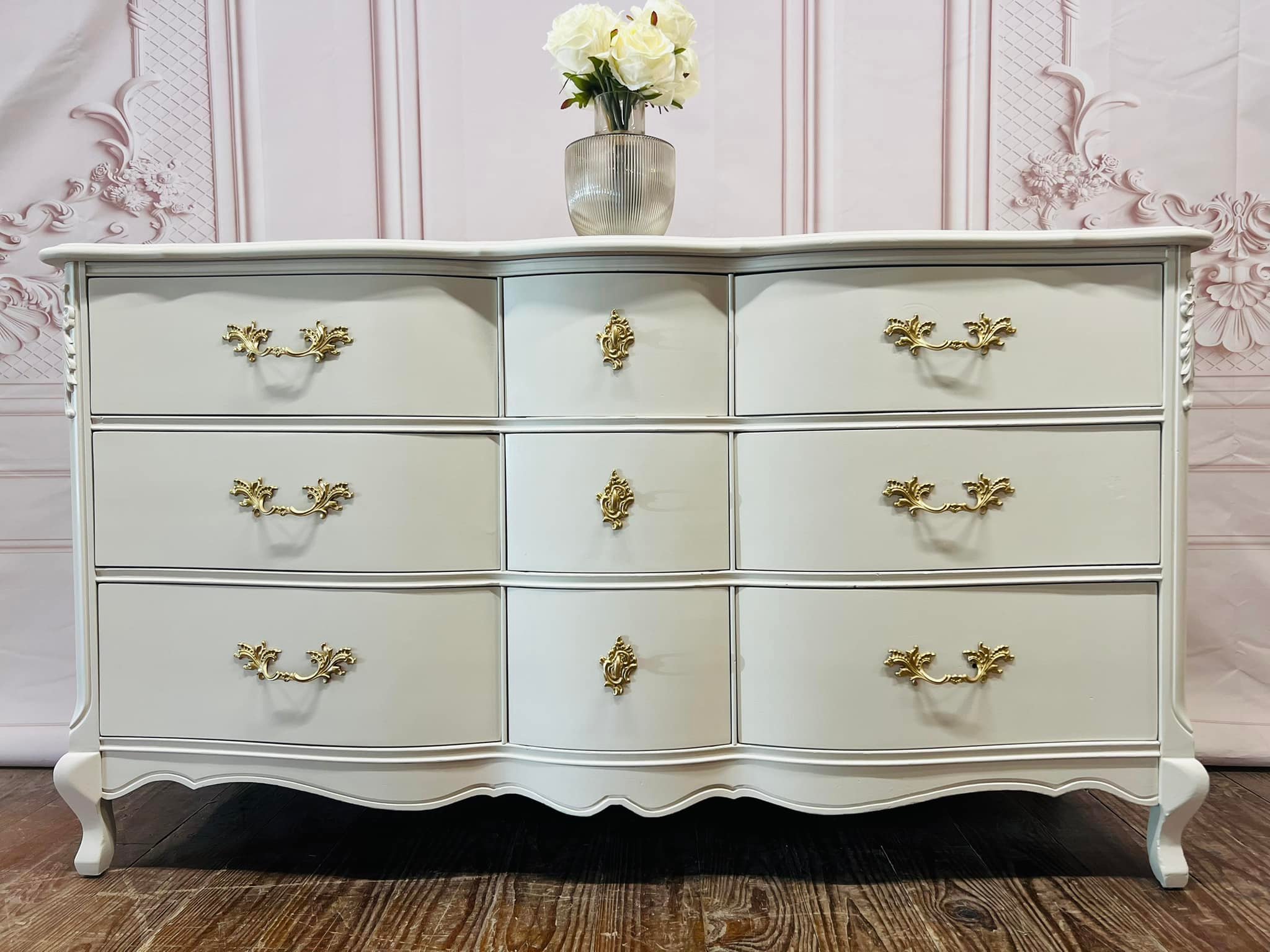 white lacquer dresser with gold hardware SOLD OUT! How beautiful is this! Solid wood vintage Fine Furniture 7-drawer neoclassical dresser. In the most versatile medium brown and detailing. Great for any bedroom, nursery, & Lacquer finish