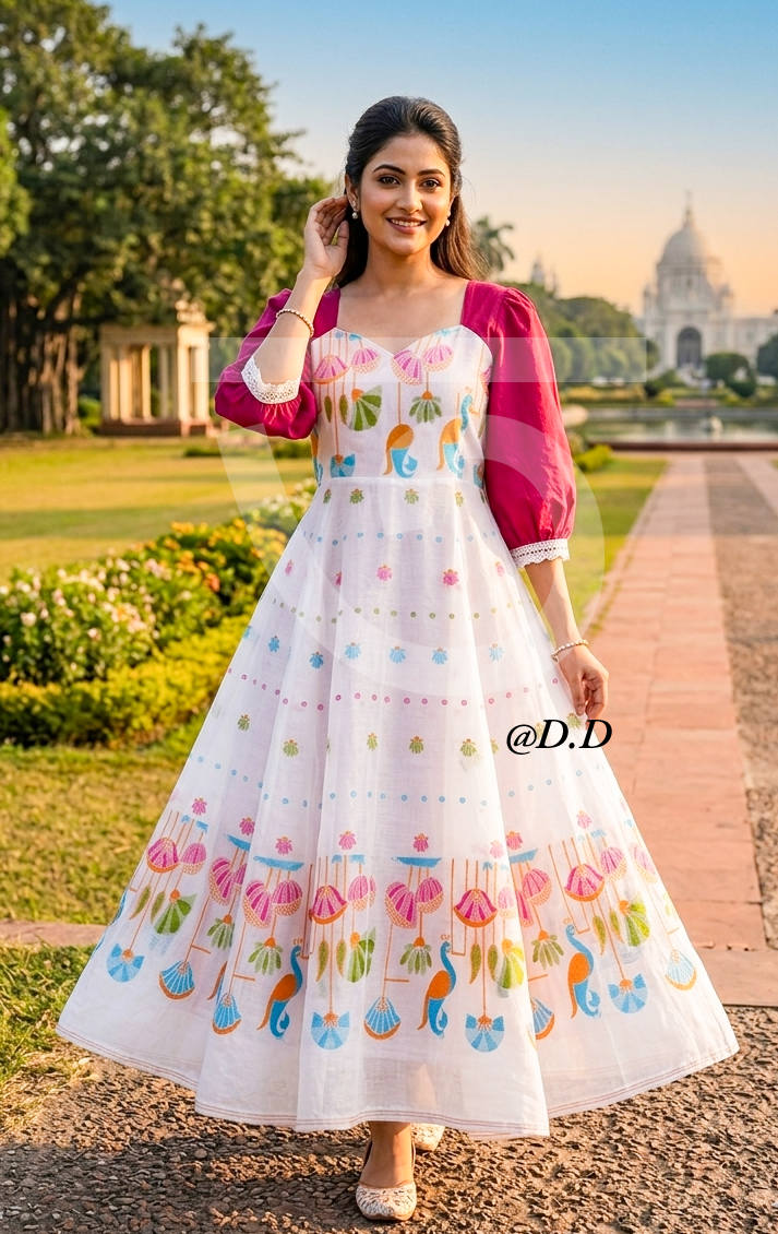 C.no.E5( may 9.5.2026) 🌼 This elegant Frock Style One Piece Gown is a masterful blend of traditional artistry and contemporary silhouette. Crafted from a refined Cotton-Silk Jamdani fabric, the garment features hand-woven
