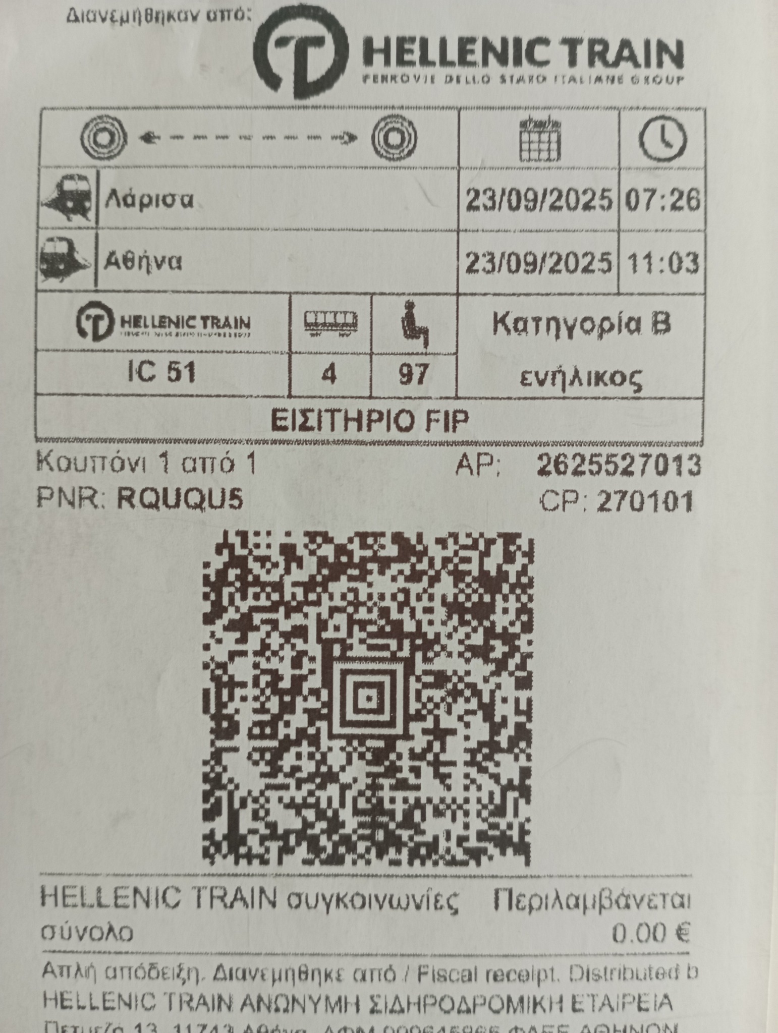 Cestovanie na FIP-ky | Místenka na IC Larissa -Atheny za 0.eu. | Facebook