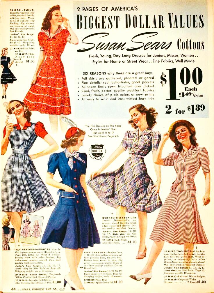 A page from a 1946 Sears catalogue showing three different styles