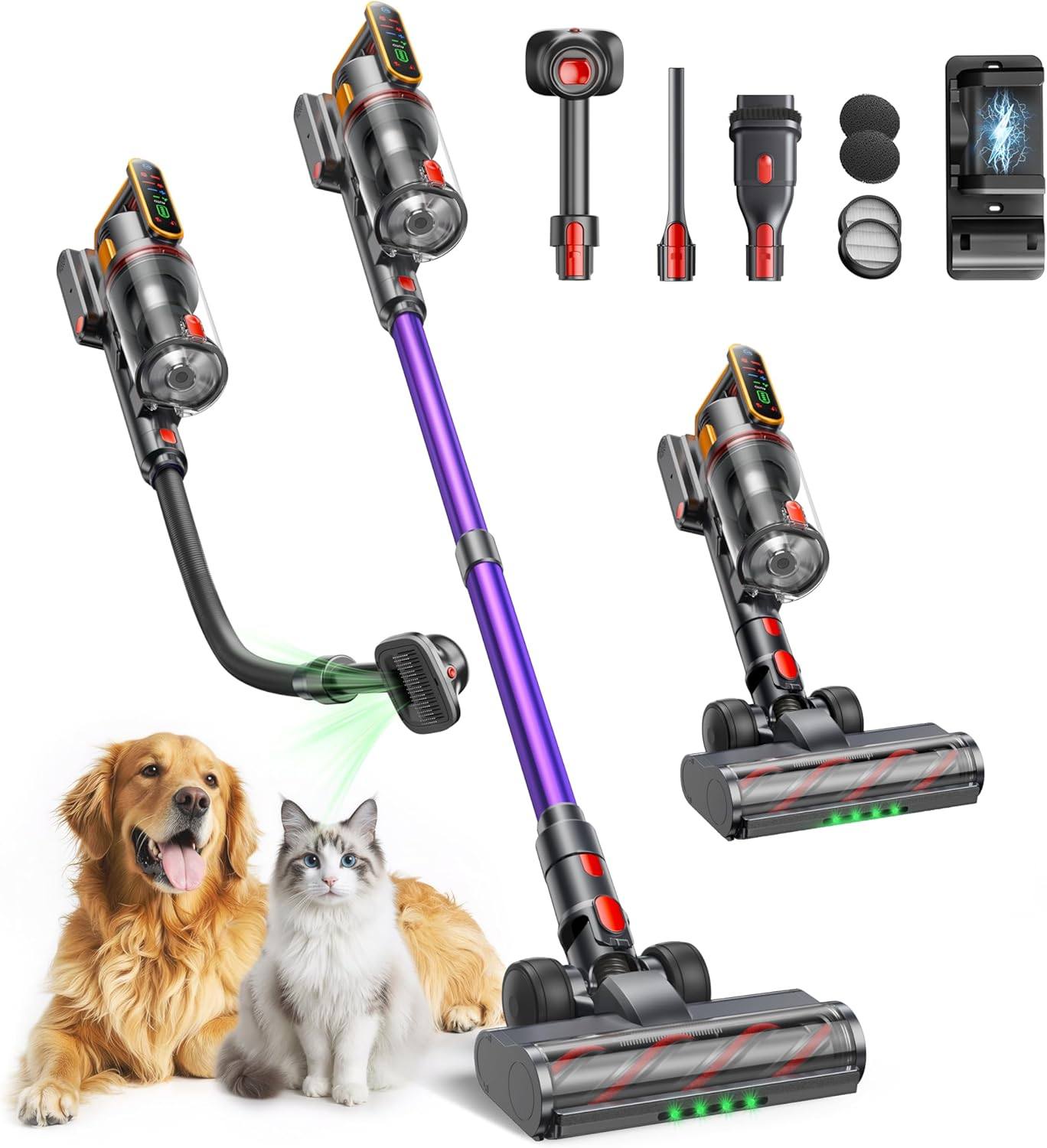 Vexilar Aspirateur Balai sans Fil, 450W/45Kpa/50 Mins, Aspirateur sans Fil avec Écran LED, Filtration Cyclonique 5 Étapes, Aspirateur pour Tapis,Sols Durs,Poils d'animaux,Aspirateur Balai Léger -Bleu