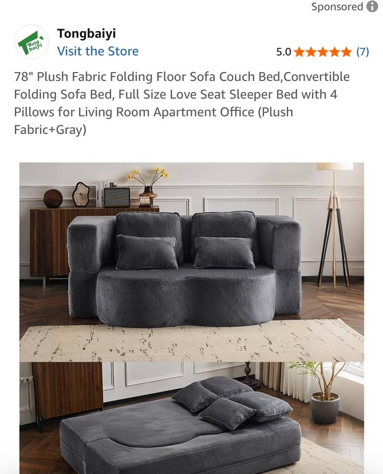 Tongbaiyi 78" Teddy Folding Floor Sofa Bed - Convertible Full Size Sleeper With 2 Pillows, Grey Fabric