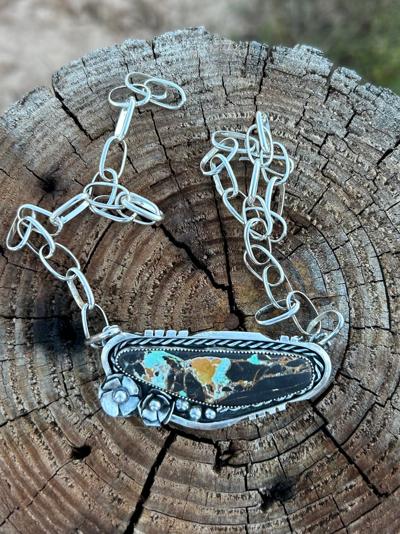 Handmade black jack turquoise bar necklace