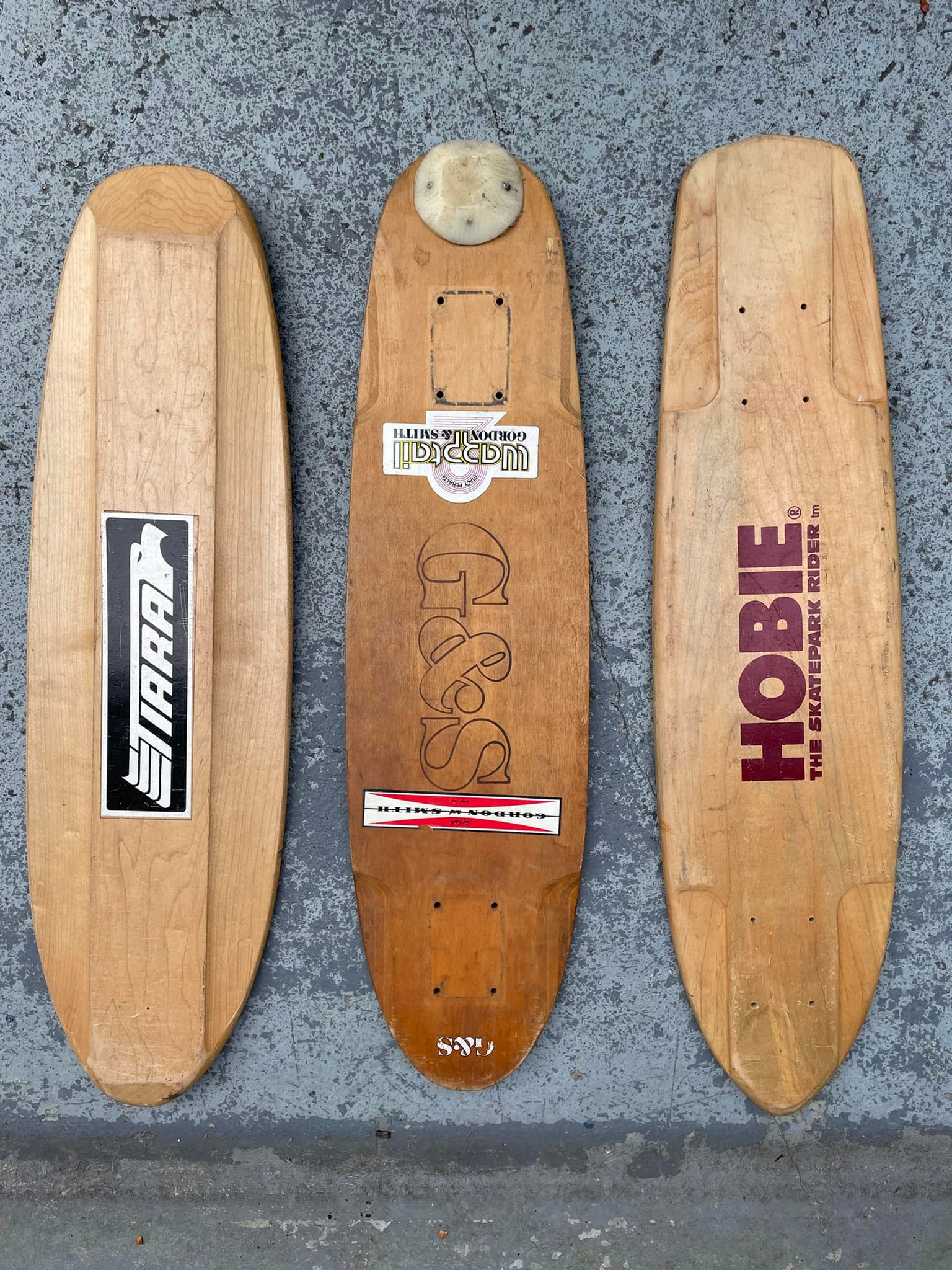 Vintage skateboard collection including 1972 Hobie