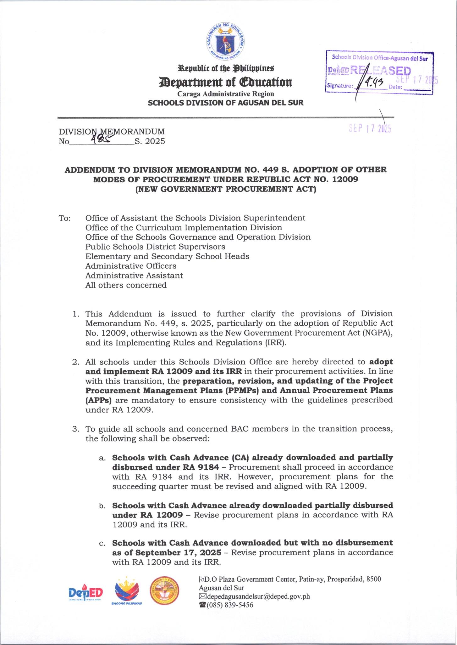 DM NO 485 S 2025 ADDENDUM TO... - Deped Agusandelsur | Facebook