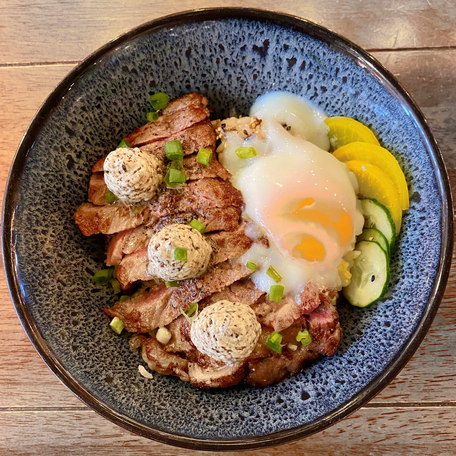 Our Tender Striploin Donburi with Butter Truffle Paste and Onsen