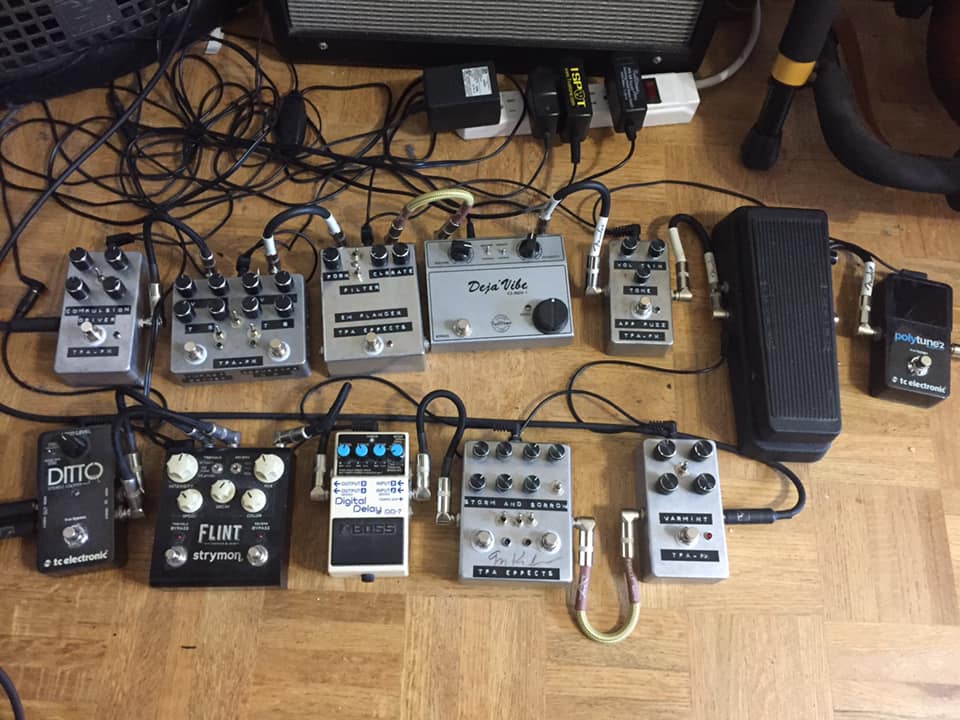 Pedalboard setup with Roger Mayer fuzz boxes and other equipment