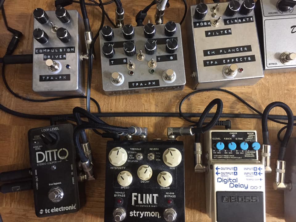 Pedalboard setup with Roger Mayer fuzz boxes and other equipment