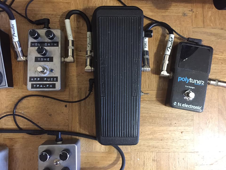 Pedalboard setup with Roger Mayer fuzz boxes and other equipment