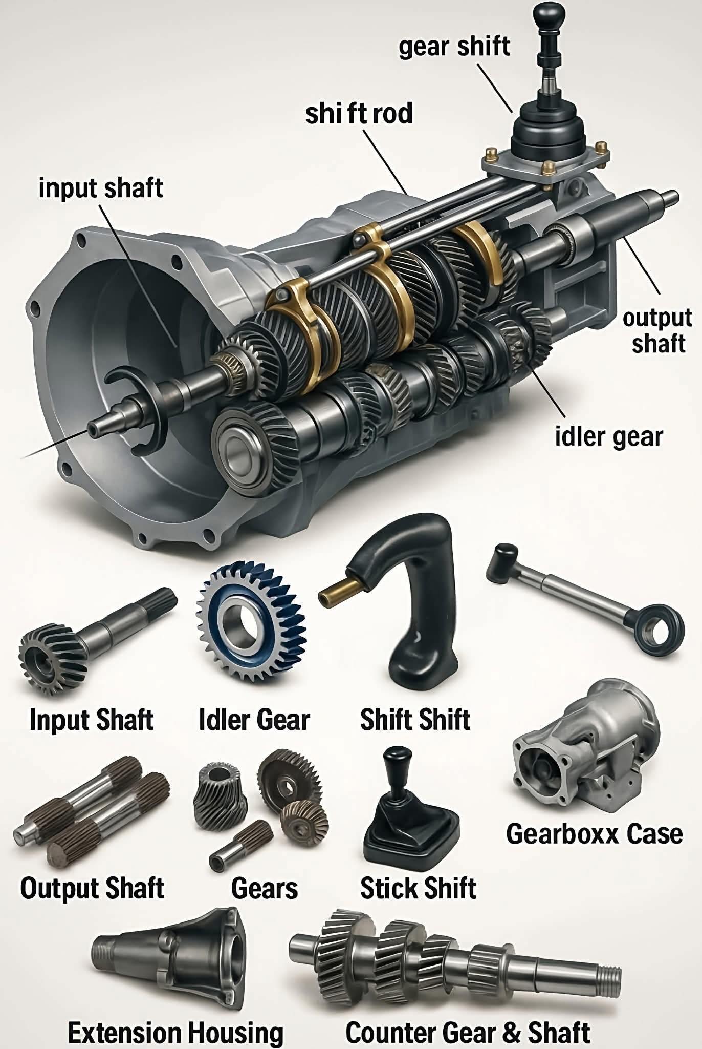 Harold - The image displays the key components of a manual transmission ...