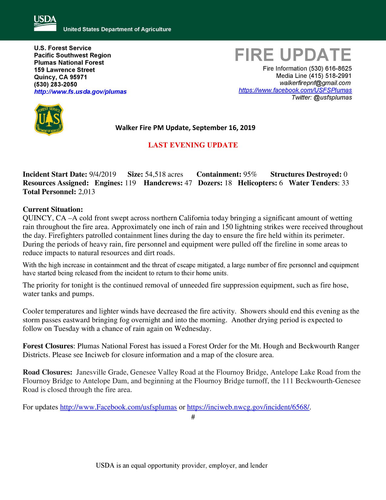 U.S. Forest Service-Plumas National Forest - #WalkerFire September 16 ...