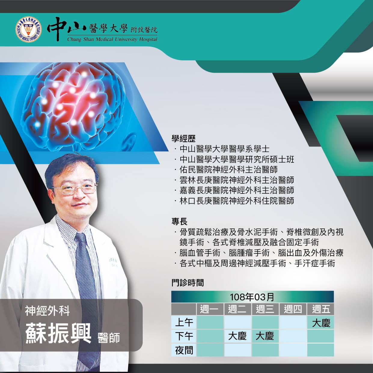 中山醫學大學附設醫院 神經外科 蘇振興醫師提醒 腦動脈瘤致死率高 突發性頭痛莫輕忽 Facebook