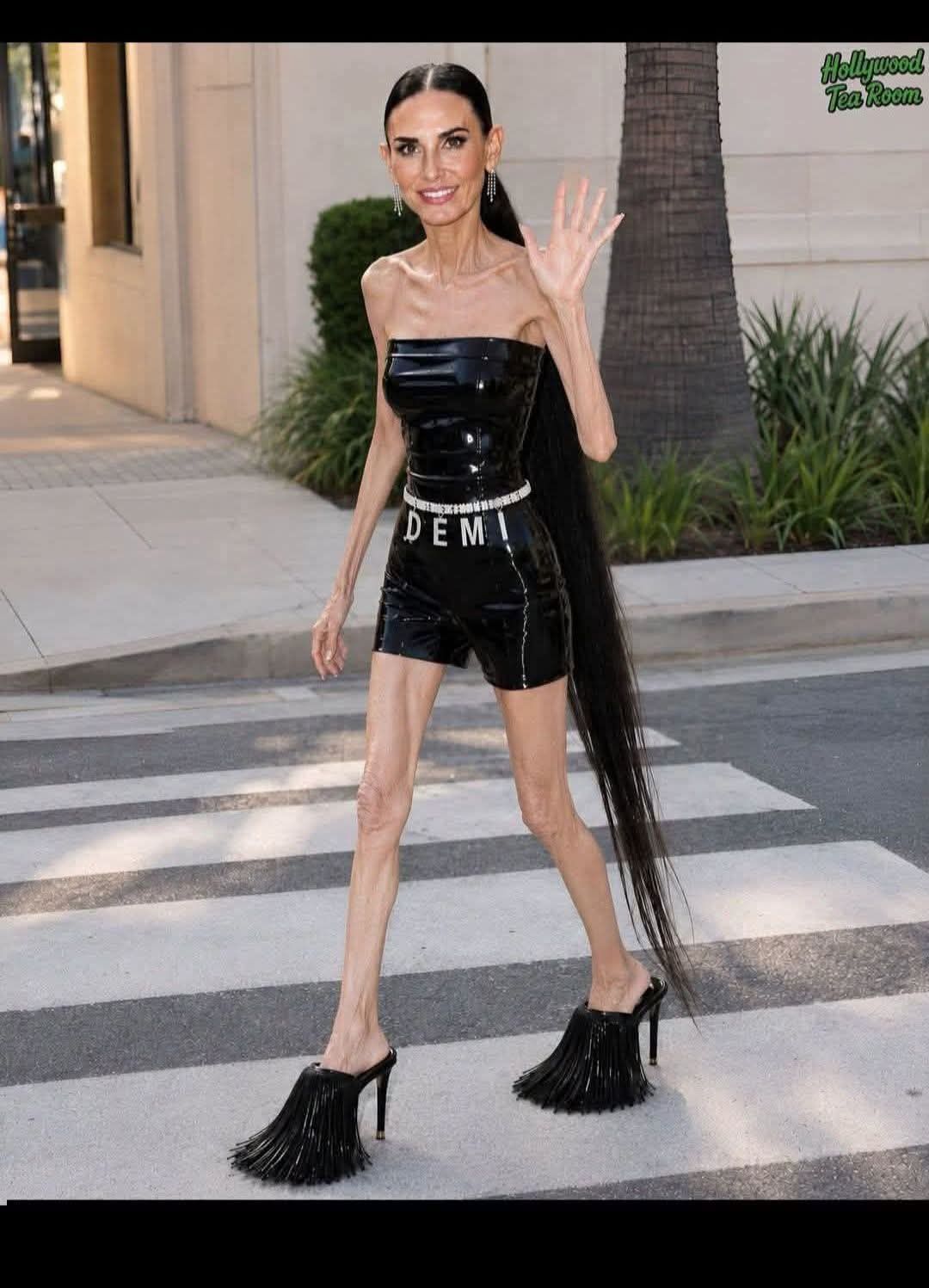 demi moore leather dress Moore, 63, is proving that bold fashion has no age limit! 🖤✨ Her $2,350 Givenchy fringe sandals are dramatic, daring, and impossible to ignore. 👠🔥 Would you wear them? BFCM25ADD