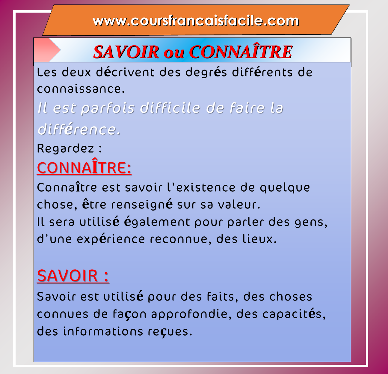 SAVOIR ou CONNAÎTRE - Cours de français | Facebook