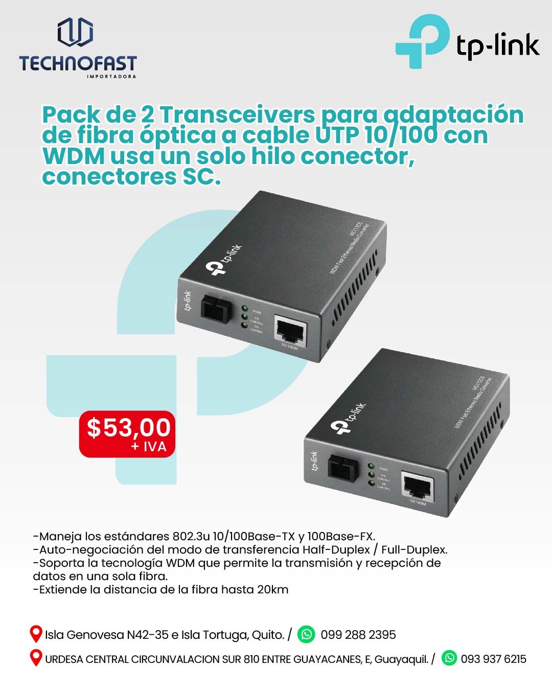 PACK DE 2 TRANSCEIVERS PARA ADAPTACIÓN DE FIBRA OPTICA A CABLE UTP 10/ ...