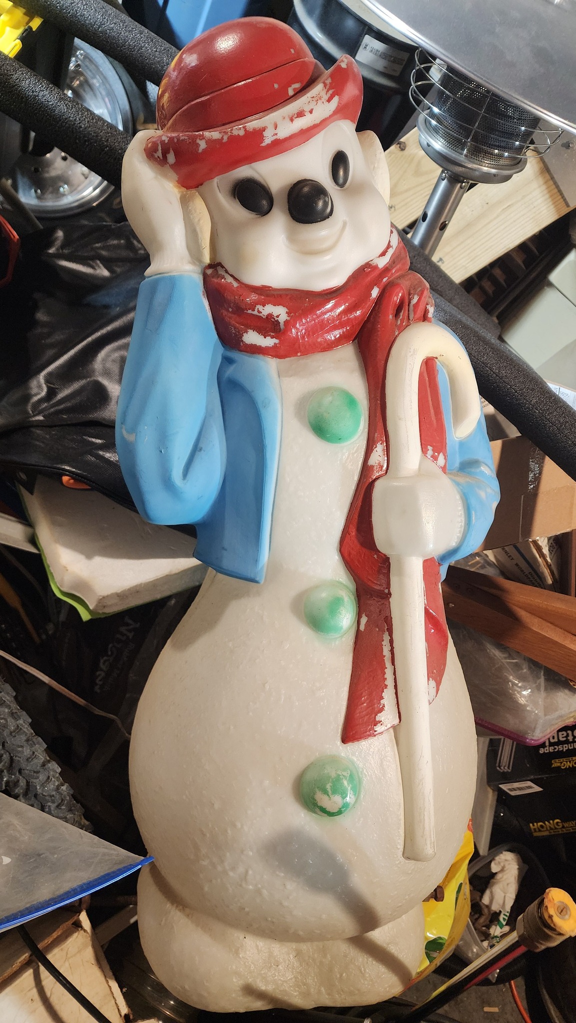 Vintage 1971 Empire snowman blow mold withstands New Jersey winter