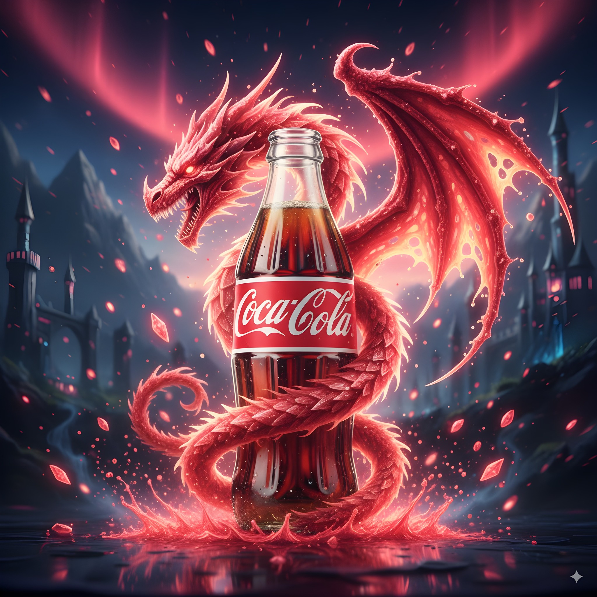 Coca-cola bottle wrapped by glowing red dragon design