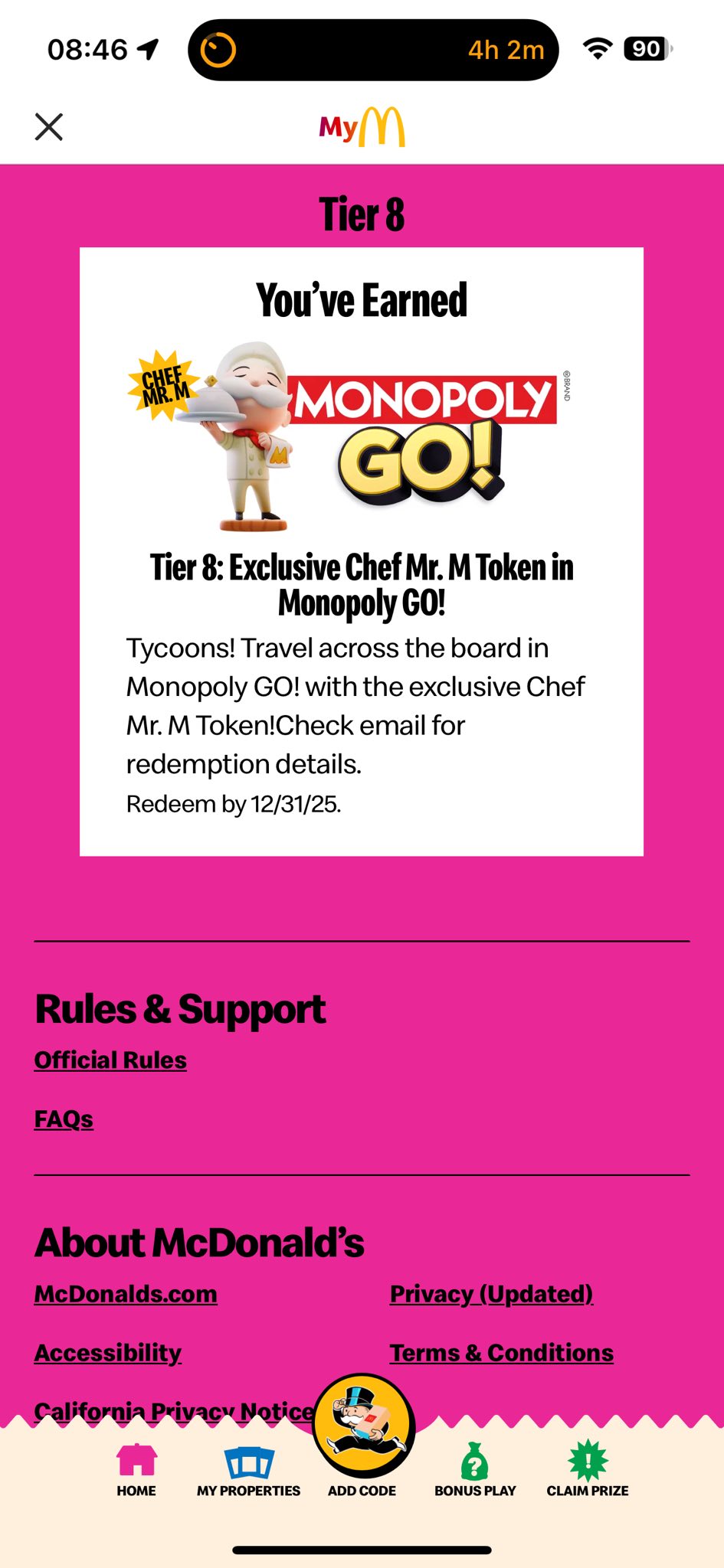 50 Codici Gioco Digitali McDonald's Monopoly 2025 &ndash; Mai Usati, Consegna Via Email