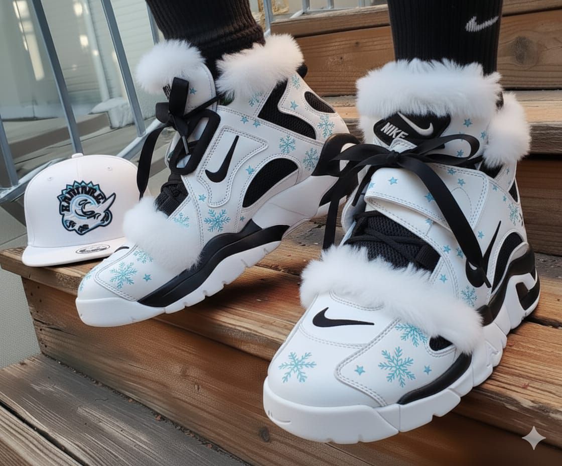 Nike Winter Edition — icy white with snowflake charm and fur trim