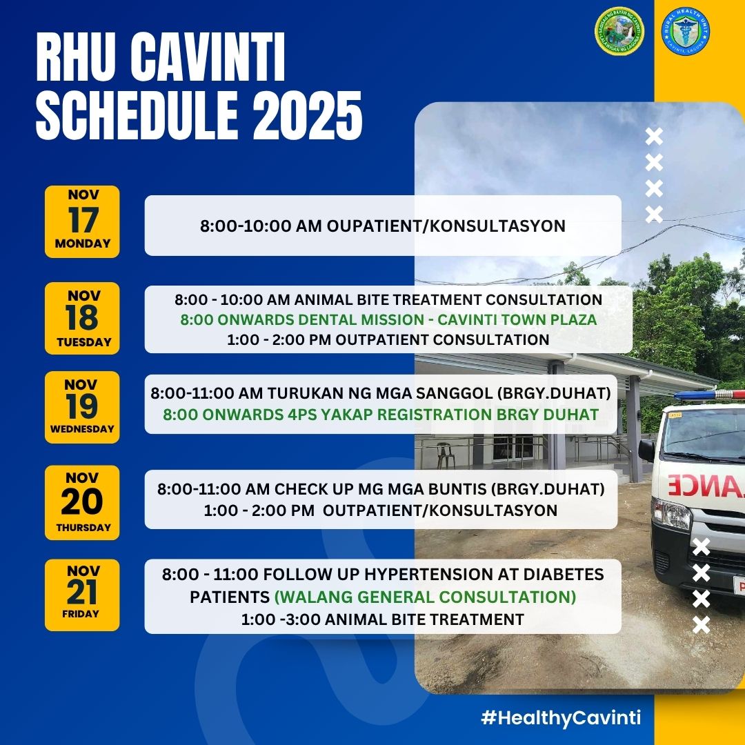 Rhu - 🩺 CAVINTI RHU SCHEDULE 2025 (MAIN RHU - BRGY. DUHAT) Para sa ...