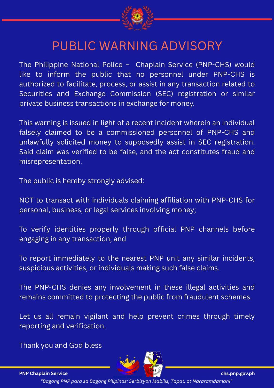 Chs - PUBLIC WARNING ADVISORY The Philippine National Police – Chaplain ...