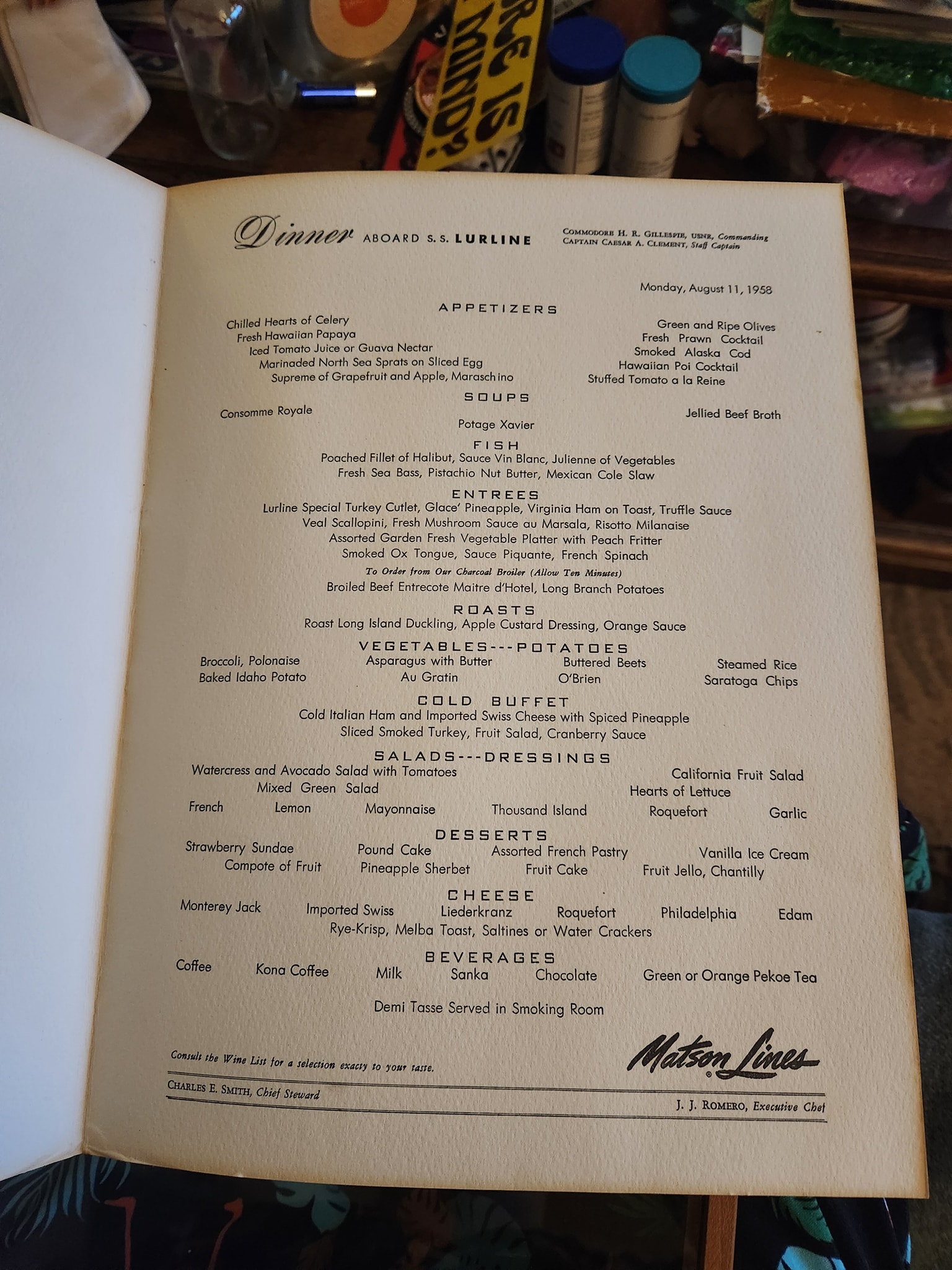 Vintage Matson Lines 1958 menu found at yard sale
