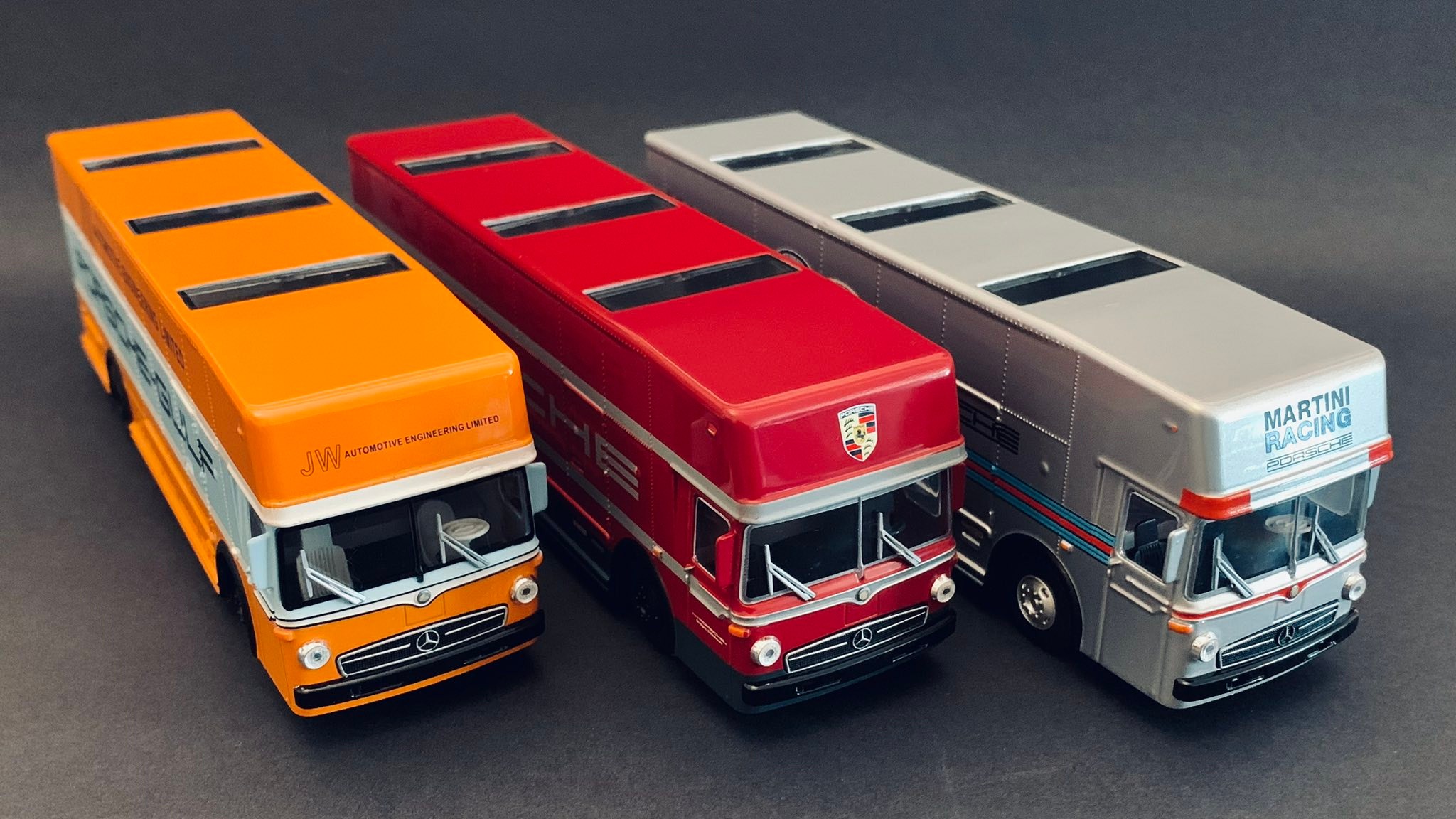 1:64 scale Schuco Mercedes-Benz racing transporters and Spark