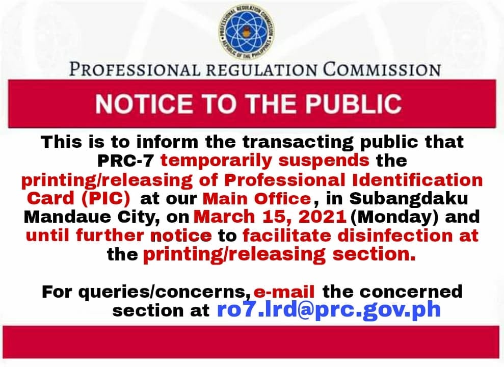 PRC Region VII - Cebu - NOTICE TO THE PUBLIC This is to inform the ...