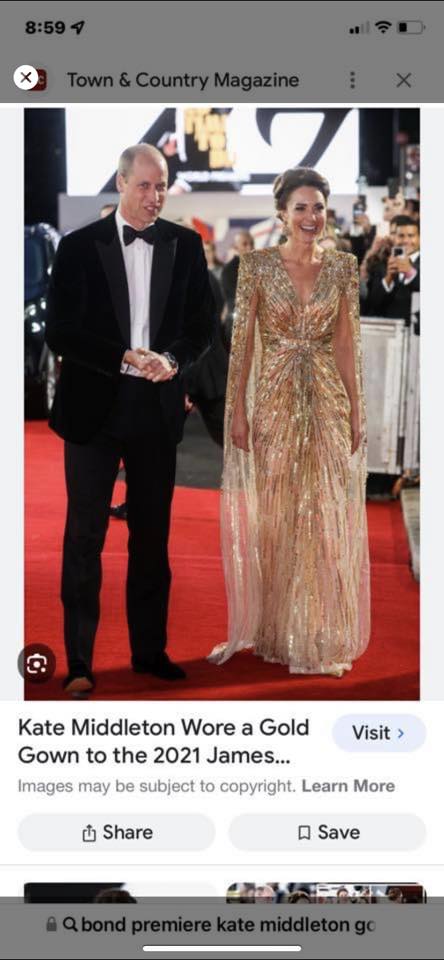james bond premiere kate middleton gold dress Thomas' design similar to Middleton's 2021 gown how to style a gold dress