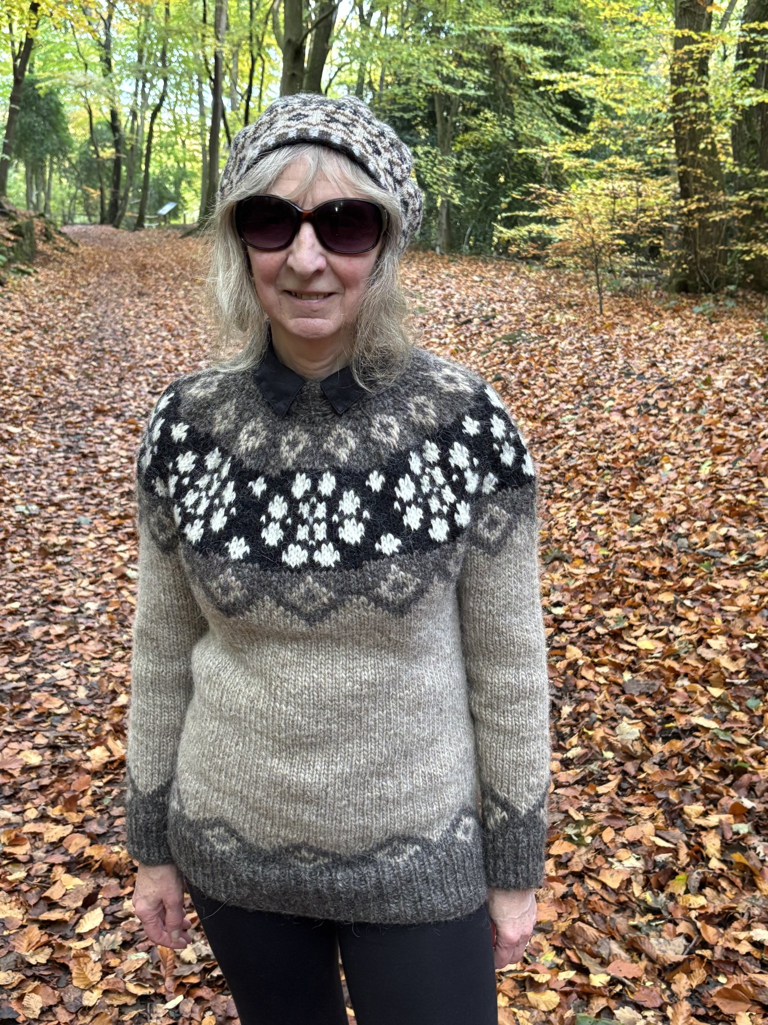 Wearing my self-designed Icelandic sweater on a crisp autumn walk