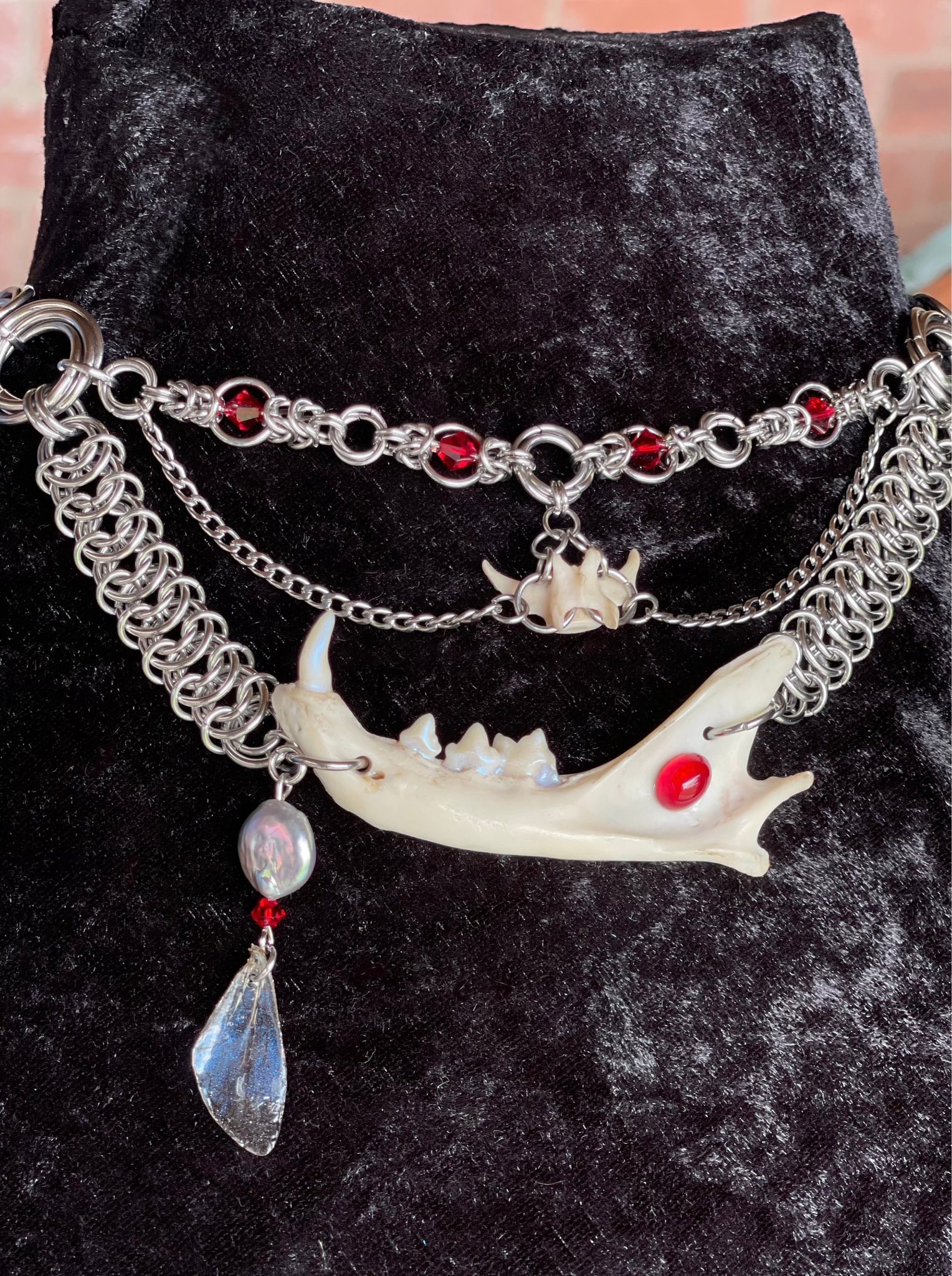 Crimson Exoskeleton necklace with chainmail and natural bone