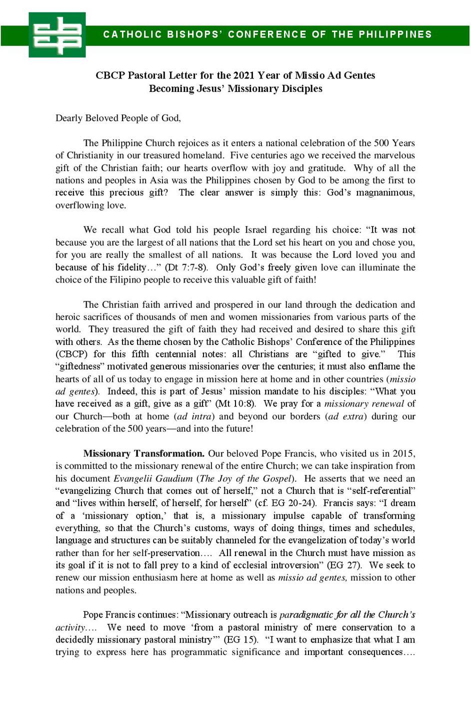 CBCP Pastoral Statement on 2021 Year... - Ilagan Diocese 50th