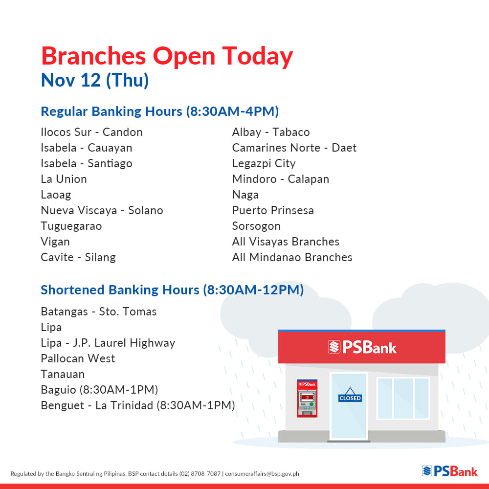 PSBank - #PSBankAdvisory: Nov. 12 | Due to inclement weather brought ...