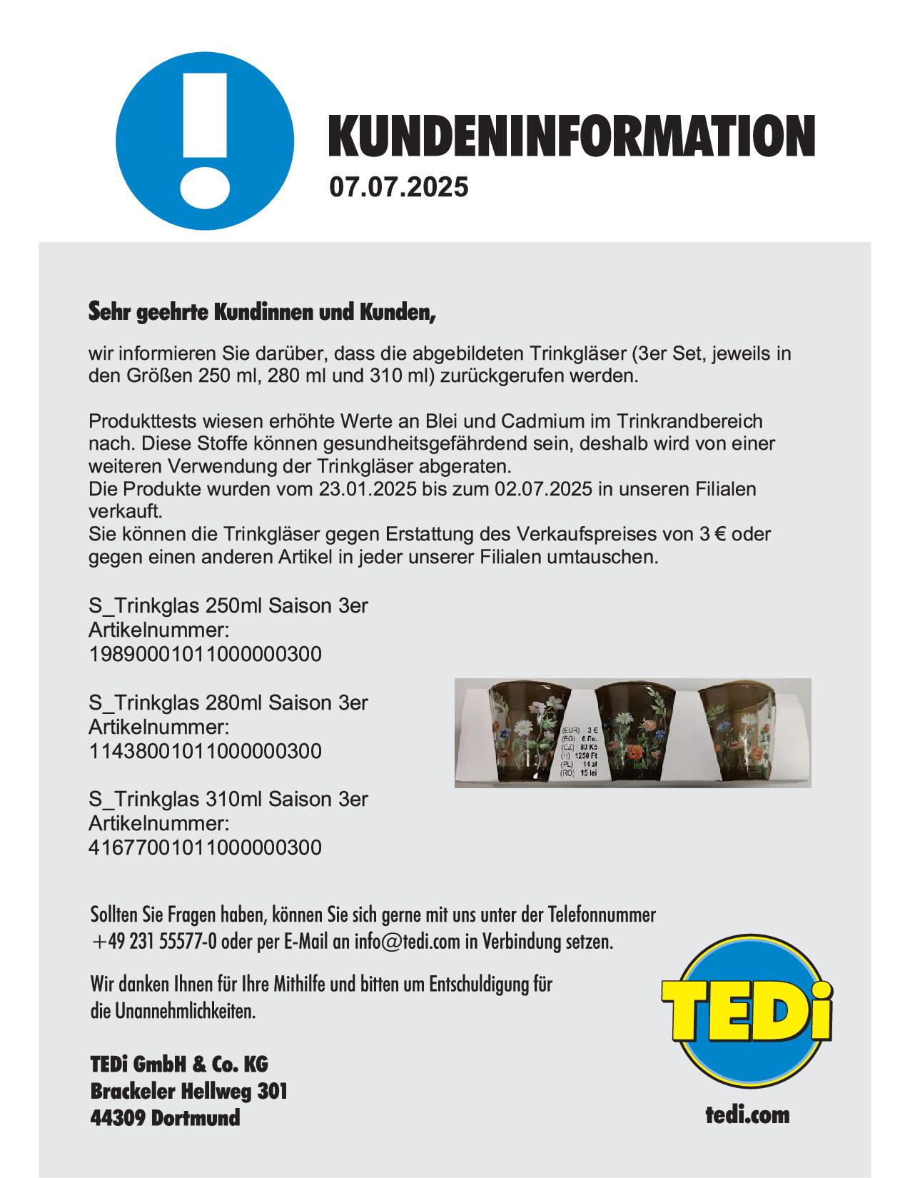 ⚠️ Produktrückruf ⚠️ Tedi ruft Gläser zurück Produkttests haben ergeben, dass die Gläser im Trinkrand-Bereich die toxischen Schwermetalle Blei und Cadmium aufweisen. Es handelt es sich um ein **3er-Set Trinkgläser** in den