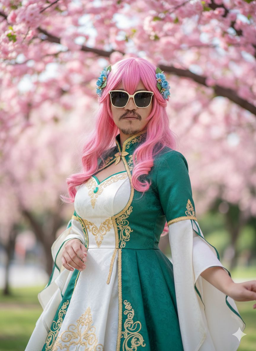 green dress pink hair Cosplayer in and mitsuri