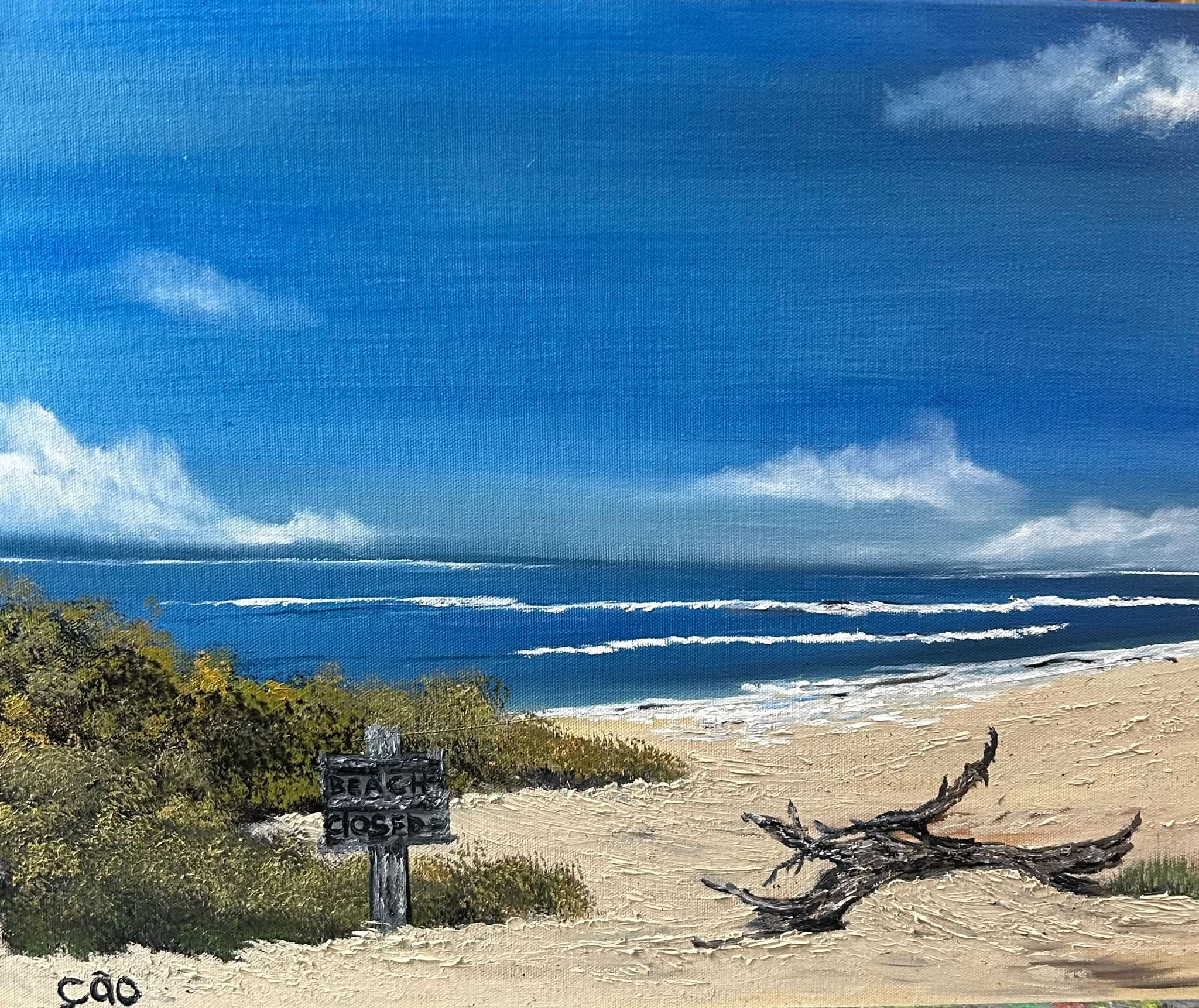 Oil on Canvas 18x18, Beach Closed