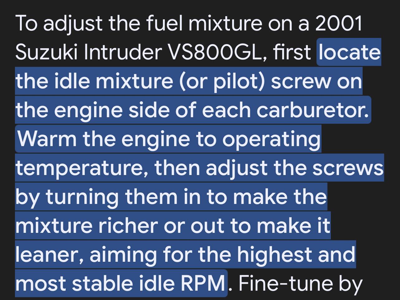Adjusting air/fuel mixture on Suzuki Intruder VS800?
